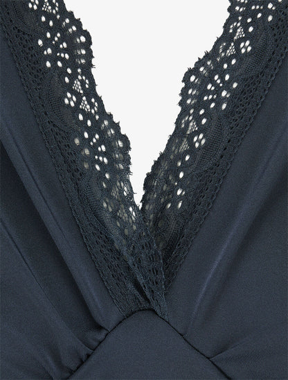 Body à détail dentelle et ventre plissé - Marine - 3