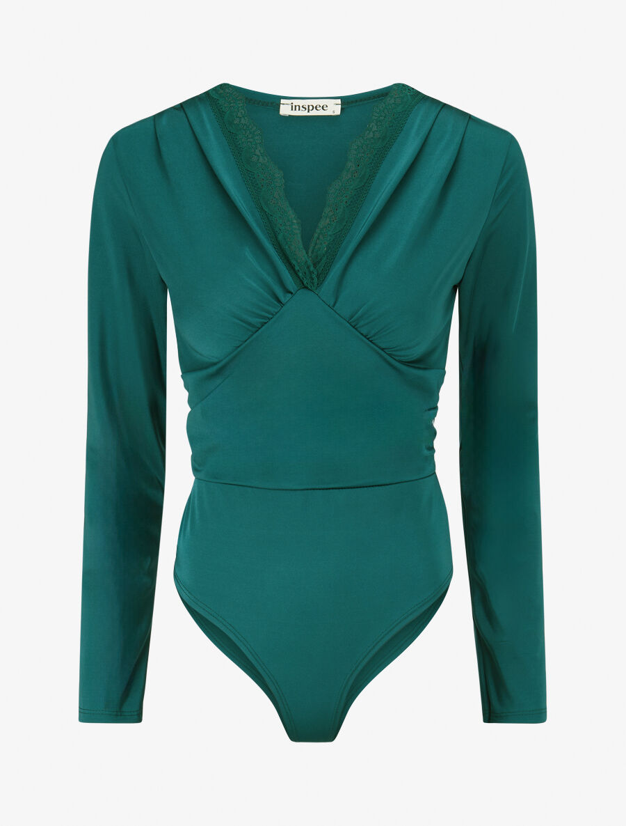Body à détail dentelle et ventre plissé - Vert - 1