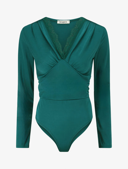 Body à détail dentelle et ventre plissé - Vert - 1