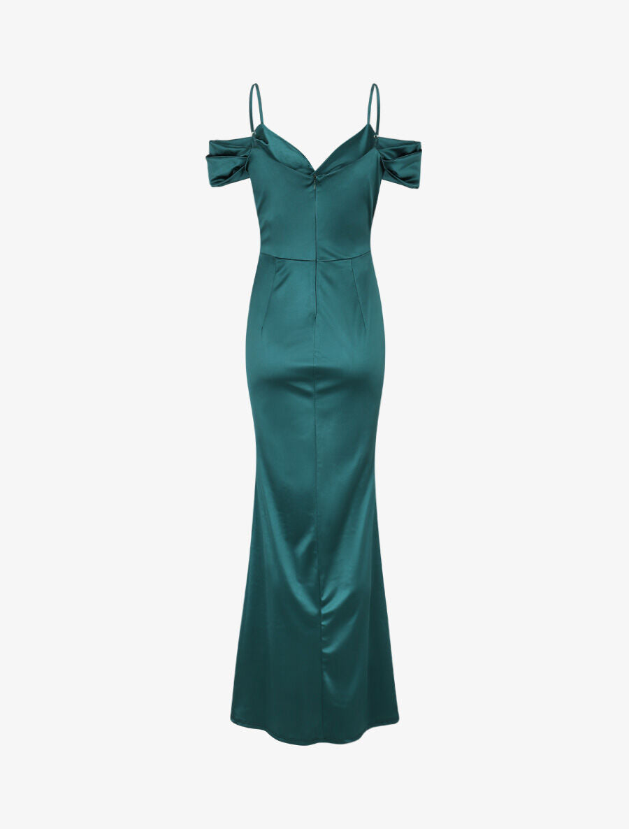 Robe longue fendue à épaules dénudées - Vert sapin - 2