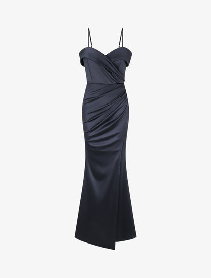 Robe longue fendue à col V - Bleu nuit - 4
