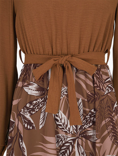Robe patineuse à jupe imprimé tropical - Camel - 3