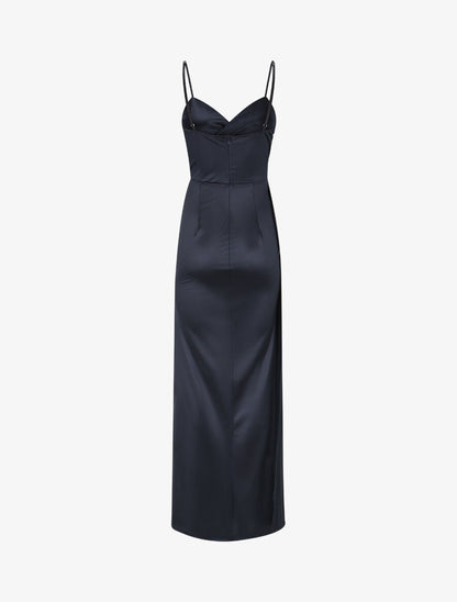 Robe longue fendue à fines bretelles - Bleu nuit - 2