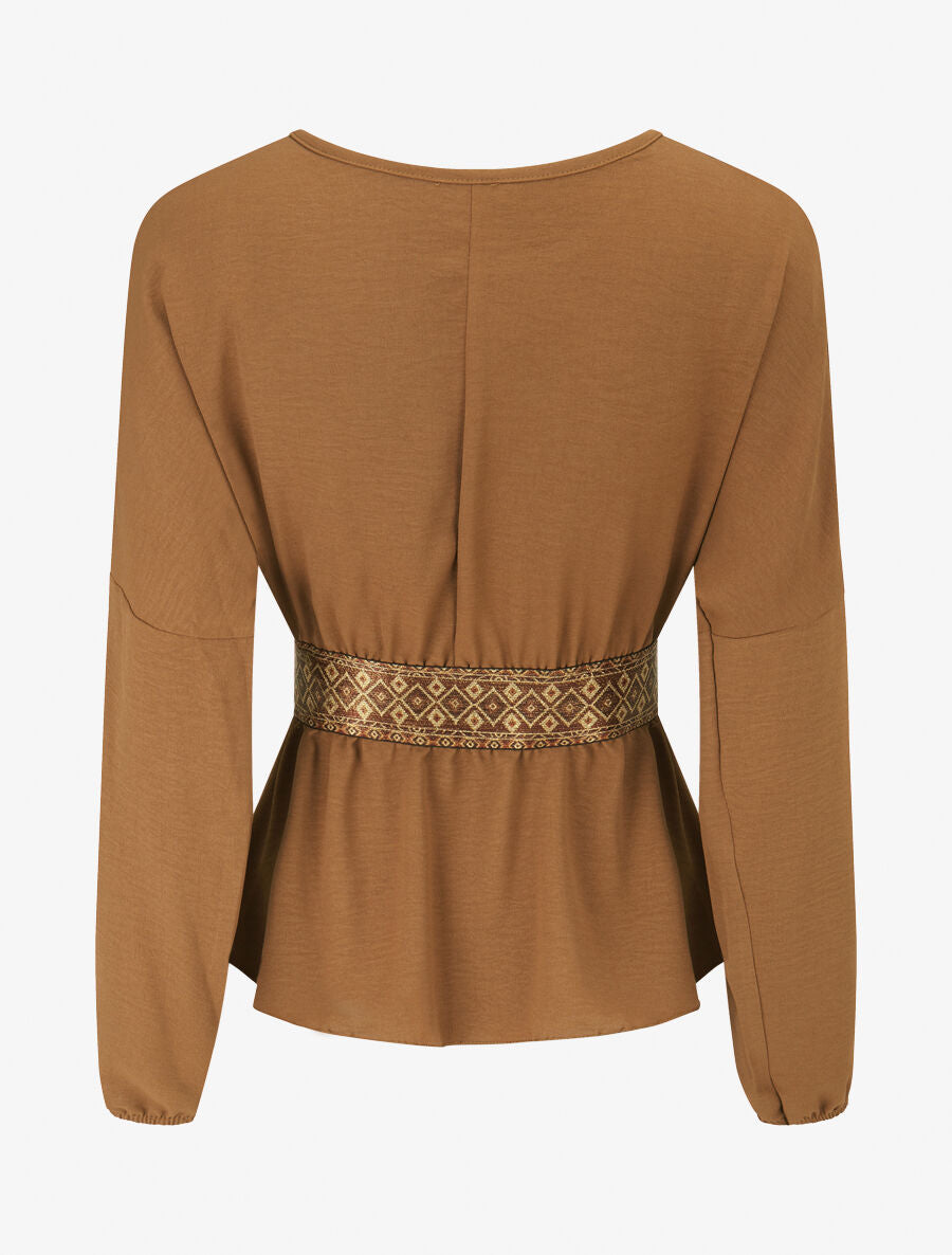 Blouse élastiquée à bande irisée - Camel - 2