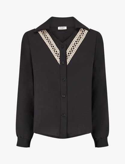 Chemise unie à col brodé - Noir - 1