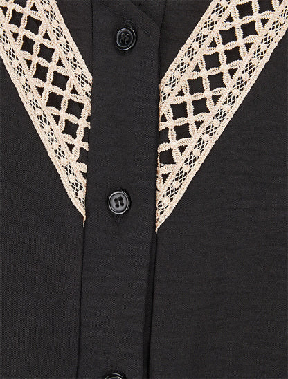 Chemise unie à col brodé - Noir - 3