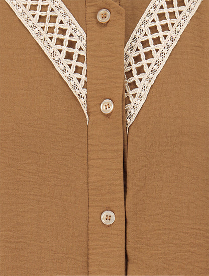 Chemise unie à col brodé - Camel - 3