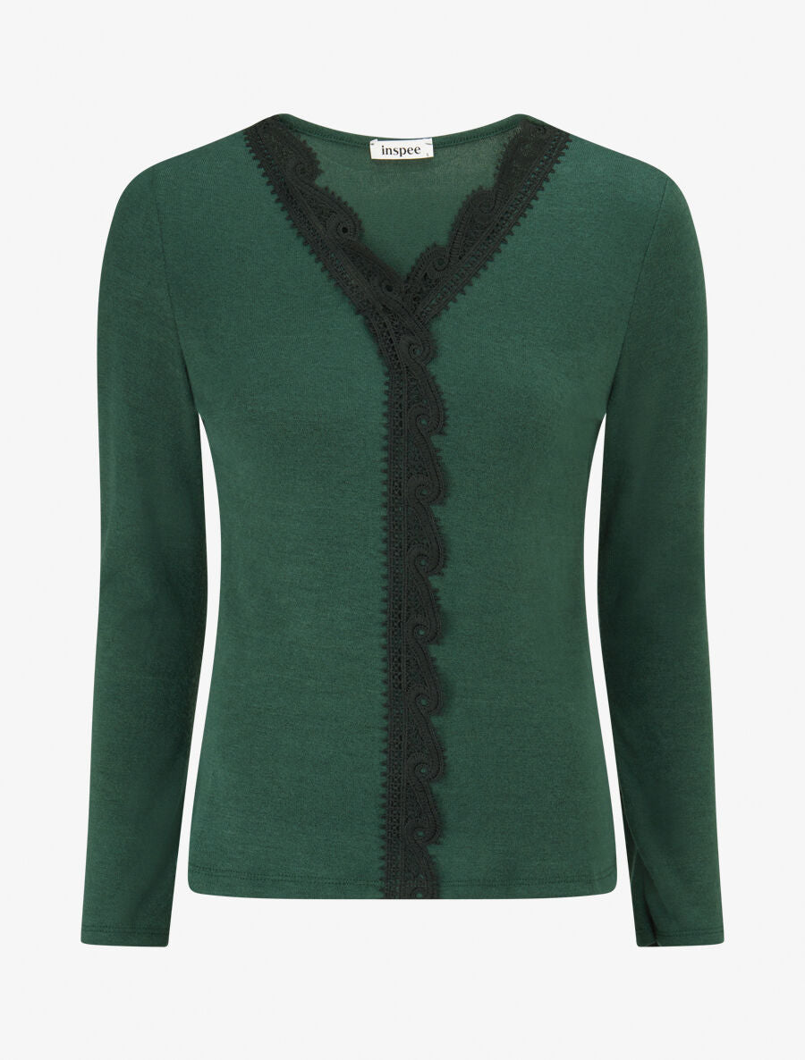 Pull fin à bande brodée - Vert sapin - 1