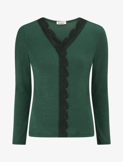 Pull fin à bande brodée - Vert sapin - 1