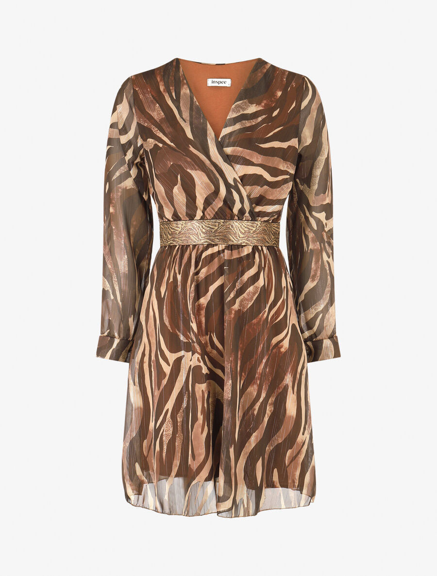 Robe fluide imprimé zébre à taille stylisée - Marron - 1
