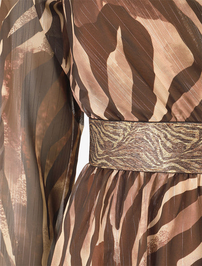 Robe fluide imprimé zébre à taille stylisée - Marron - 3