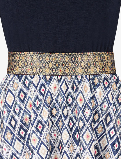 Robe imprimé losange et taille fantaisie - Marine - 3