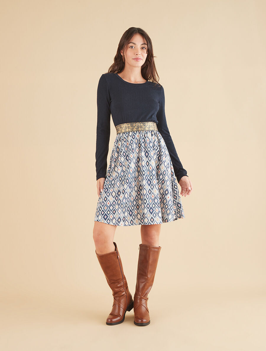 Robe imprimé losange et taille fantaisie - Marine - 4