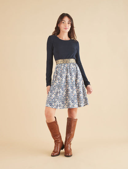 Robe imprimé losange et taille fantaisie - Marine - 4