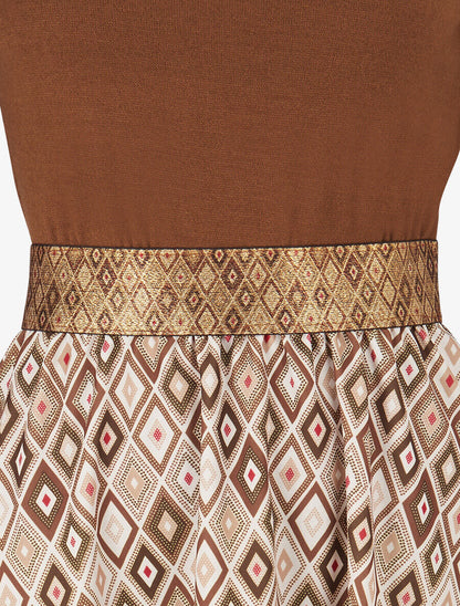 Robe imprimé losange et taille fantaisie - Camel - 3