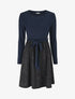 Robe bimatière à jupe imprimé carreaux - Marine - 1