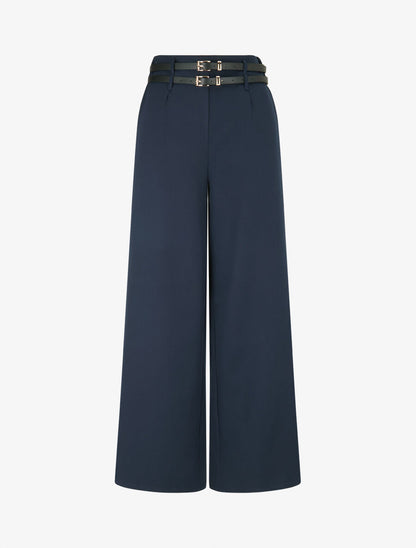 Pantalon wide leg à double ceintures - Marine - 5