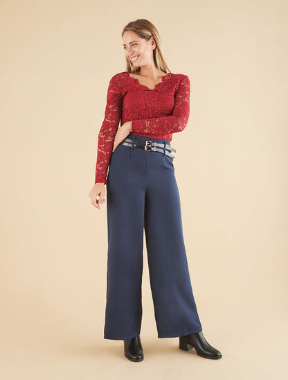 Pantalon wide leg à double ceintures - Marine - 4