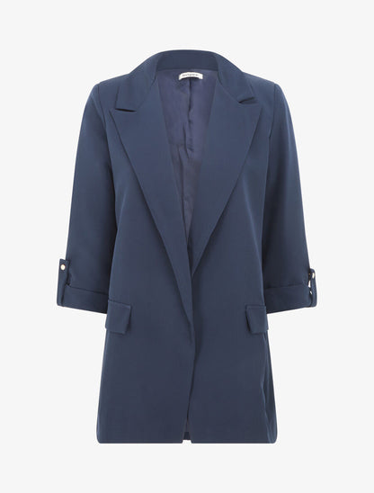 Blazer mi-long uni à manches retroussables - Marine - 5