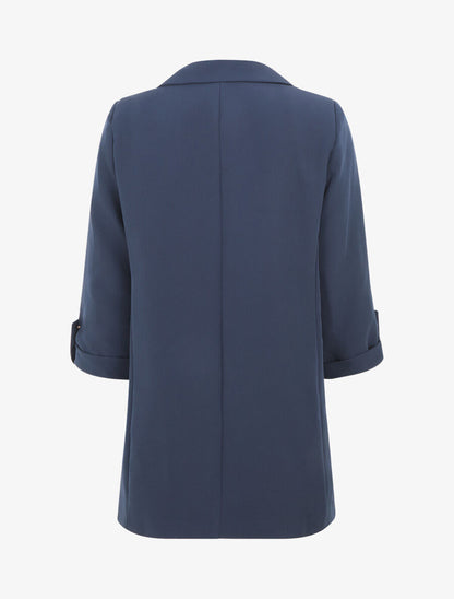 Blazer mi-long uni à manches retroussables - Marine - 2