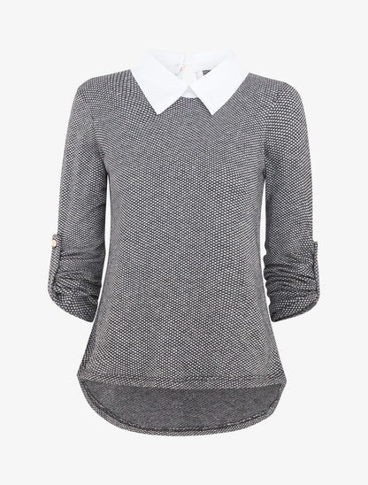 Pull fin à col chemise et manches retroussables - Noir - 1