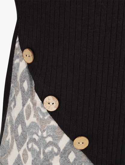 Pull côtelé à imprimé graphique et boutons décoratifs - Noir - 3