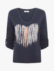 Pull fin à flocage coeur et strass - Marine - 4