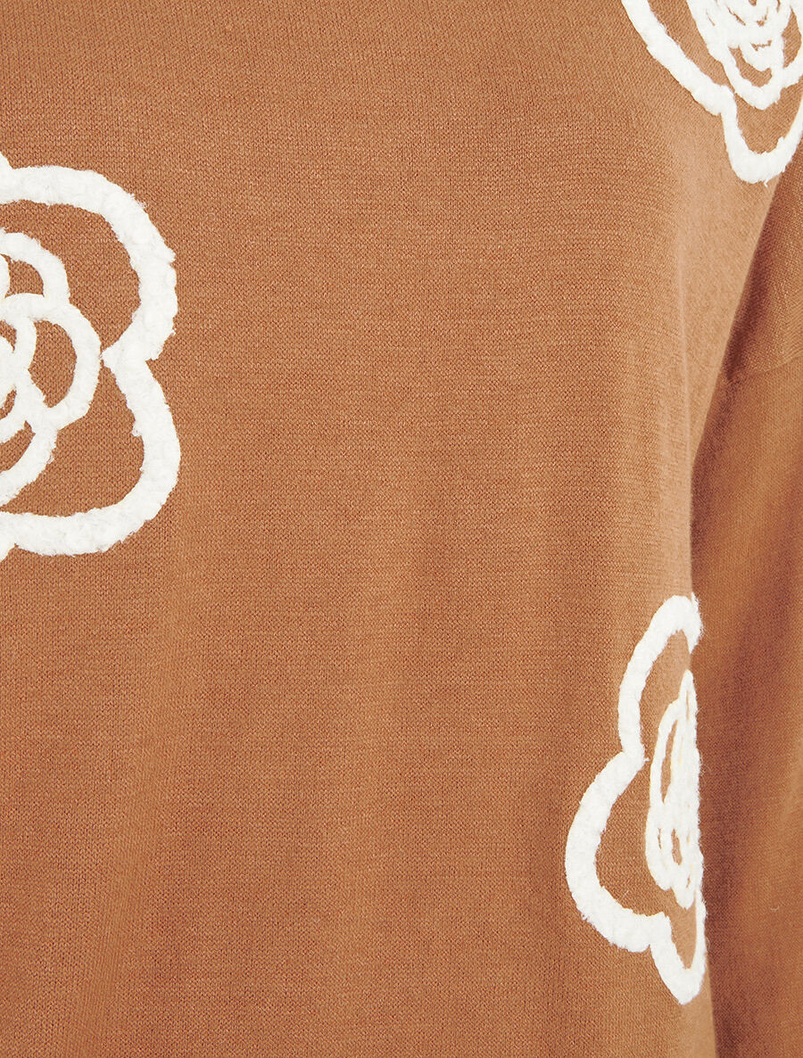 Pull fin uni à fleurs brodées - Camel - 3