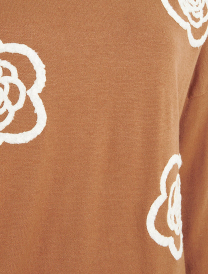 Pull fin uni à fleurs brodées - Camel - 3