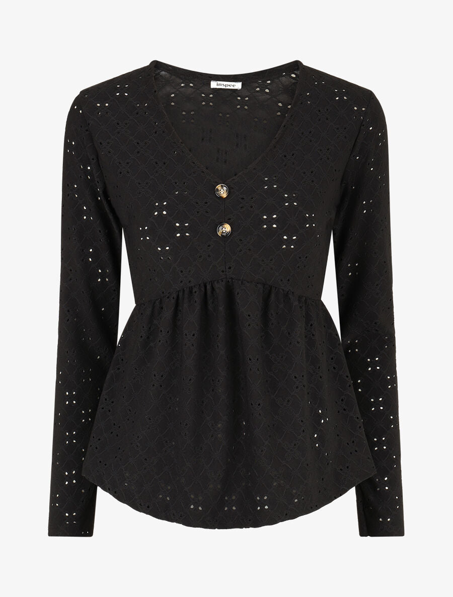 Blouse unie et ajourée - Noir - 1