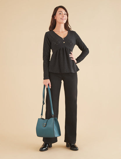 Blouse unie et ajourée - Noir - 4