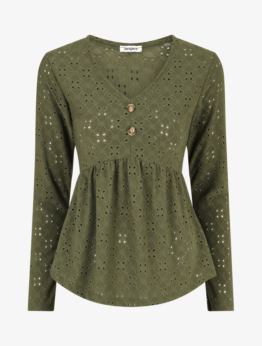 Blouse unie et ajourée - Kaki - 1