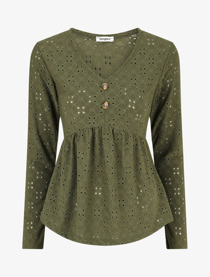 Blouse unie et ajourée - Kaki - 1