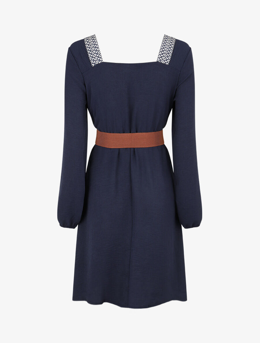 Robe fluide à col carré stylisé - Marine - 2