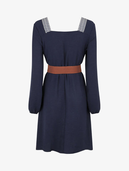 Robe fluide à col carré stylisé - Marine - 2