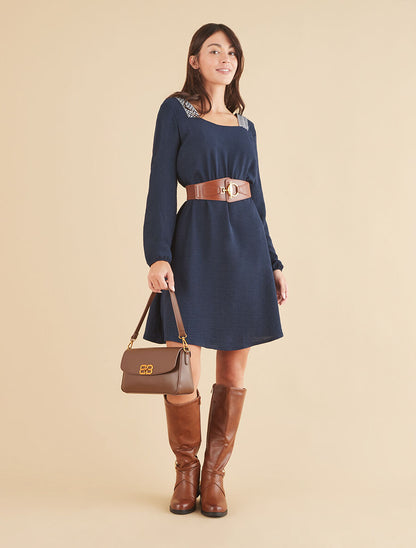 Robe fluide à col carré stylisé - Marine - 4