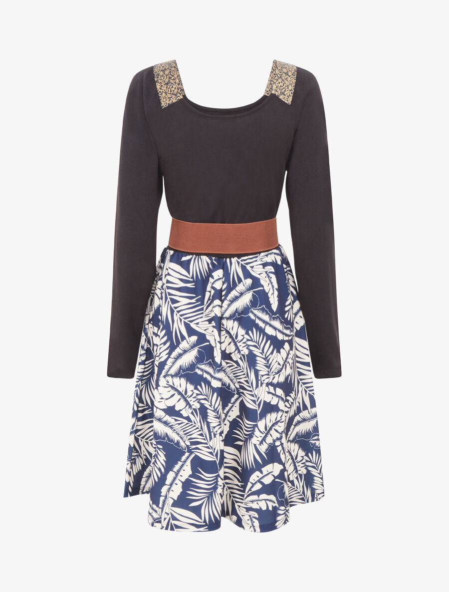 Robe bimatière à col à bandes élastiquées stylisées - Marine - 2