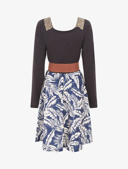 Robe bimatière à col à bandes élastiquées stylisées - Marine - 2