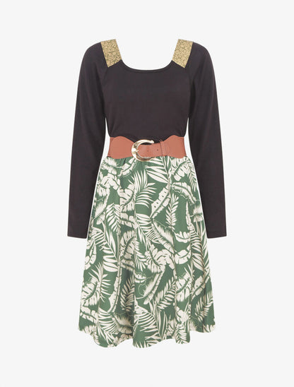 Robe bimatière à col à bandes élastiquées stylisées - Kaki - 1