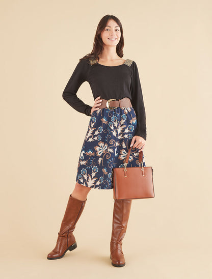 Robe bimatière à col à bandes élastiquées stylisées - Marine - 4