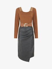 Robe bimatière effet portefeuille à col stylisé - Camel - 5