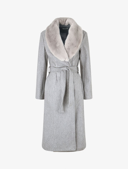 Manteau long à col en fourrure synthétique - Gris - 6