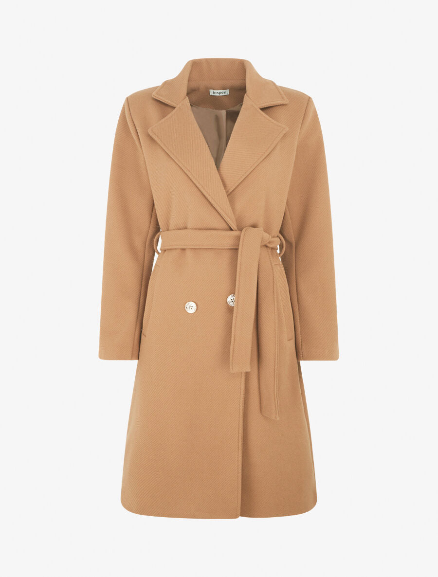Manteau long à boutons décoratifs dorés - Camel - 5