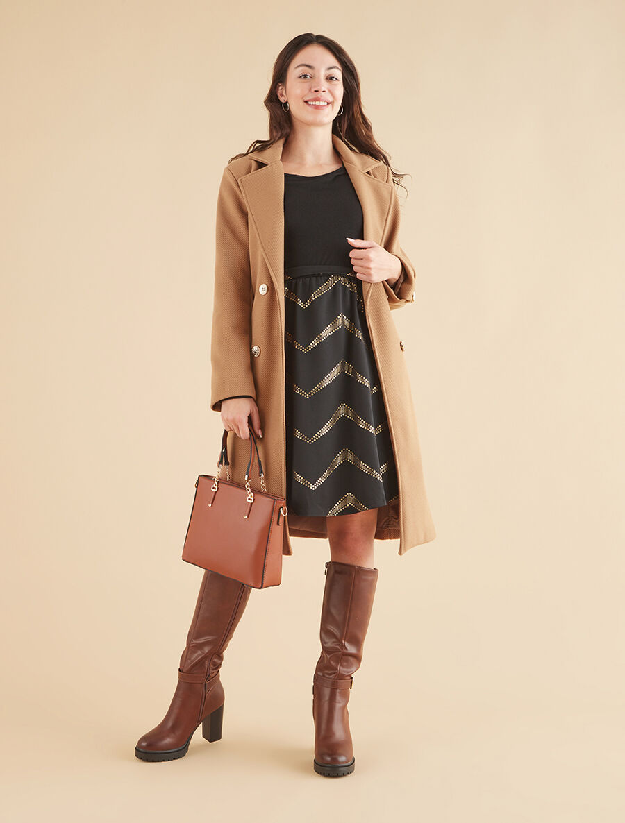 Manteau long à boutons décoratifs dorés - Camel - 4
