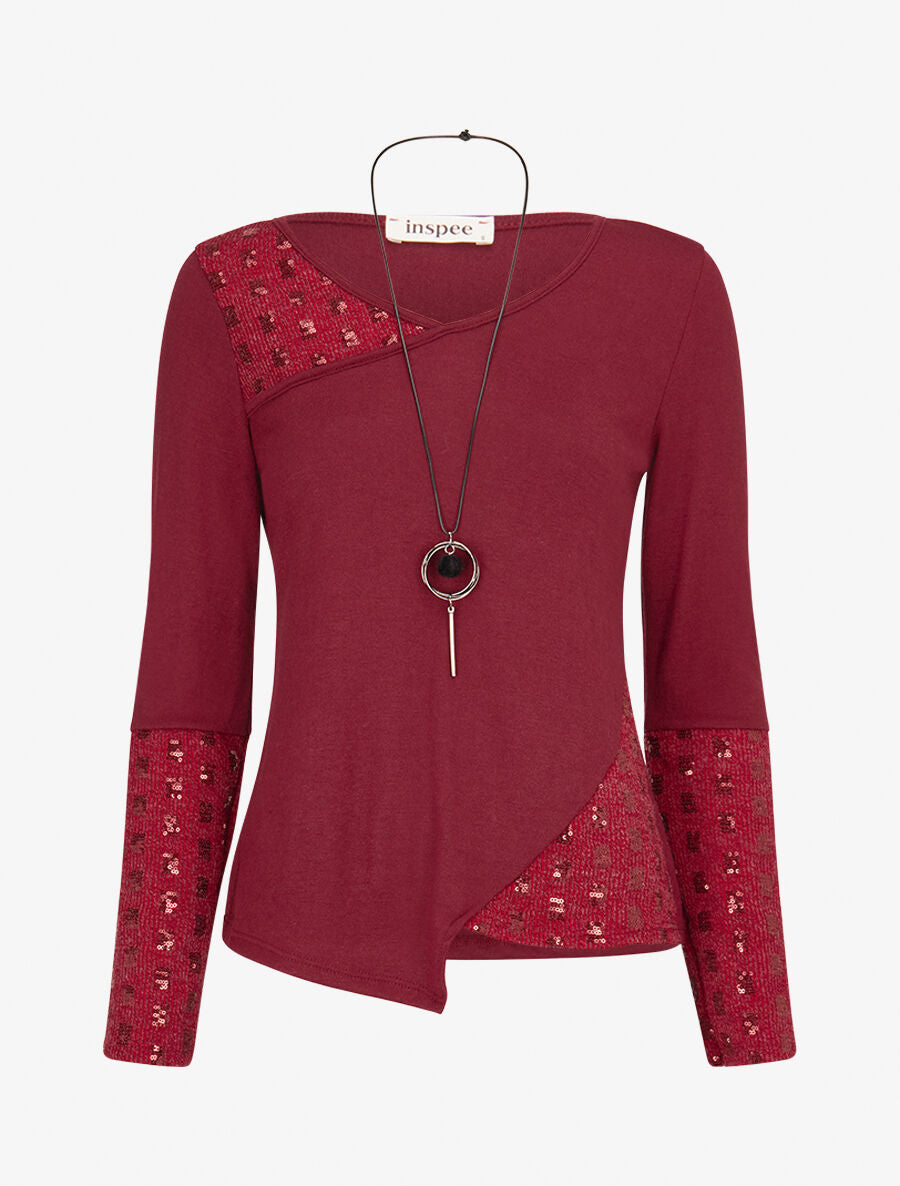 Pull fin à empiècement incrusté de sequins - Lie de vin - 1