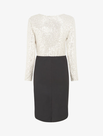 Robe bi-matière à buste orné de sequins - Beige - 2