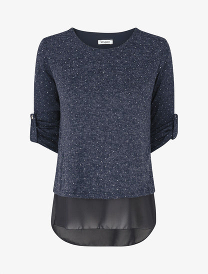 Pull fin superposé et strassé - Bleu chiné - 1