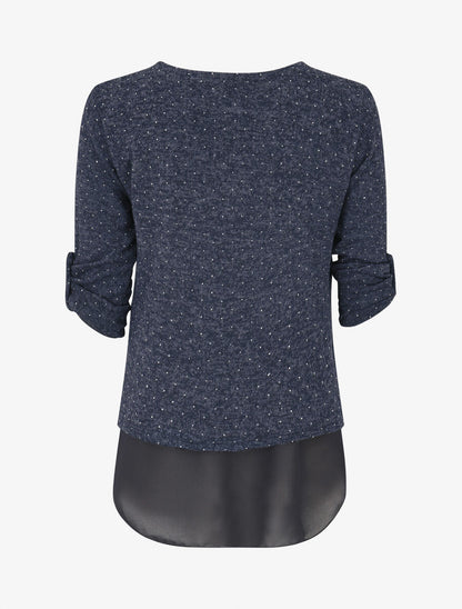 Pull fin superposé et strassé - Bleu chiné - 2