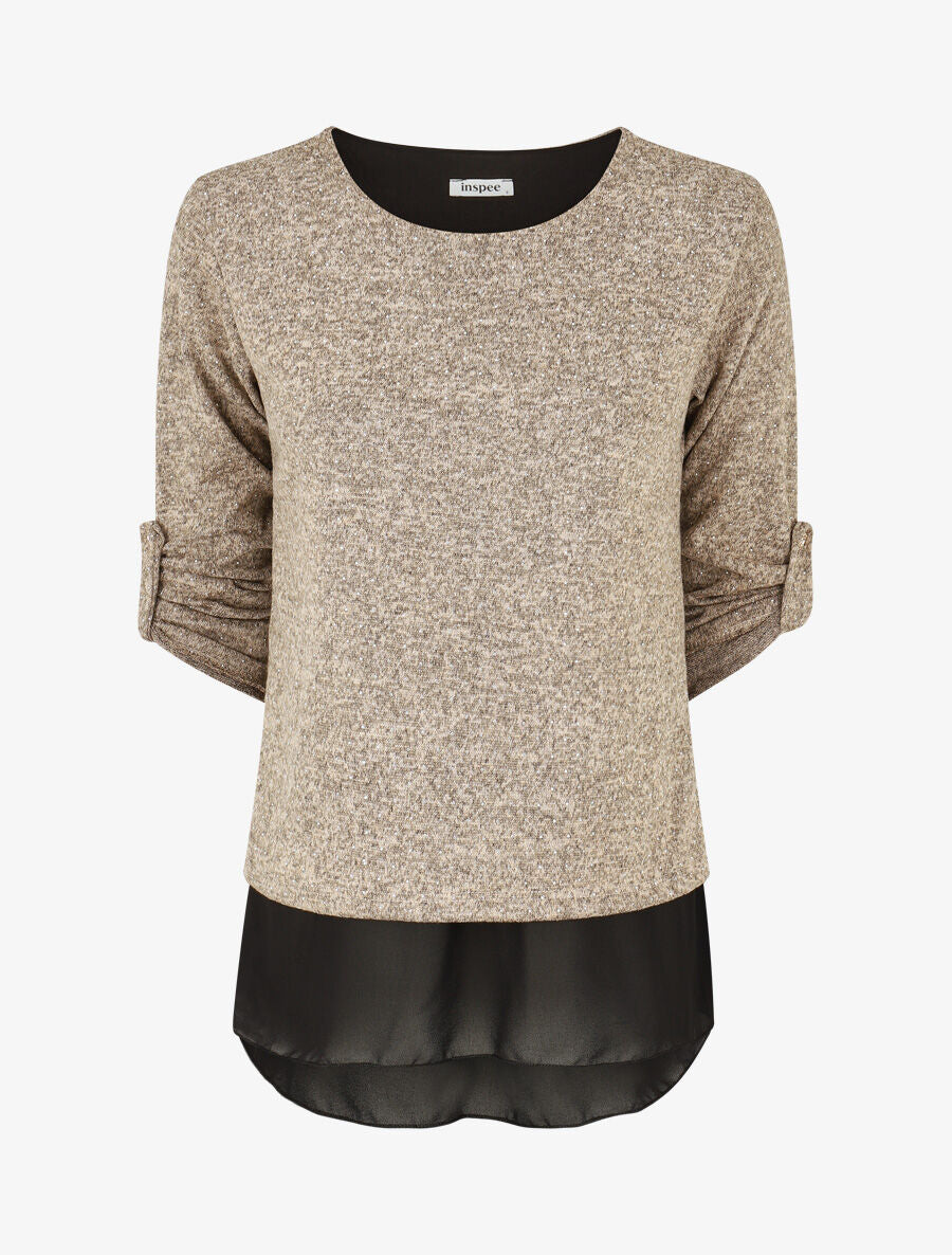 Pull fin superposé et strassé - Beige chiné - 1