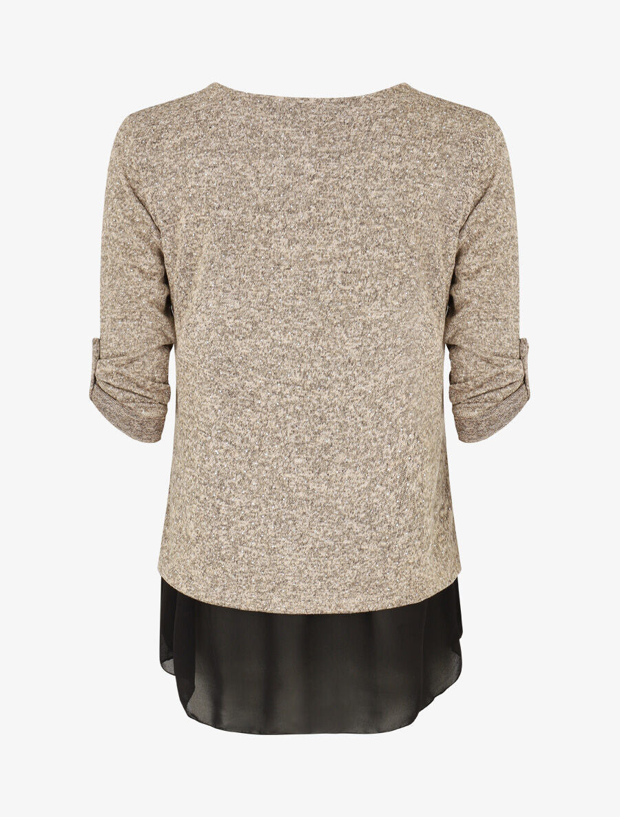 Pull fin superposé et strassé - Beige chiné - 2